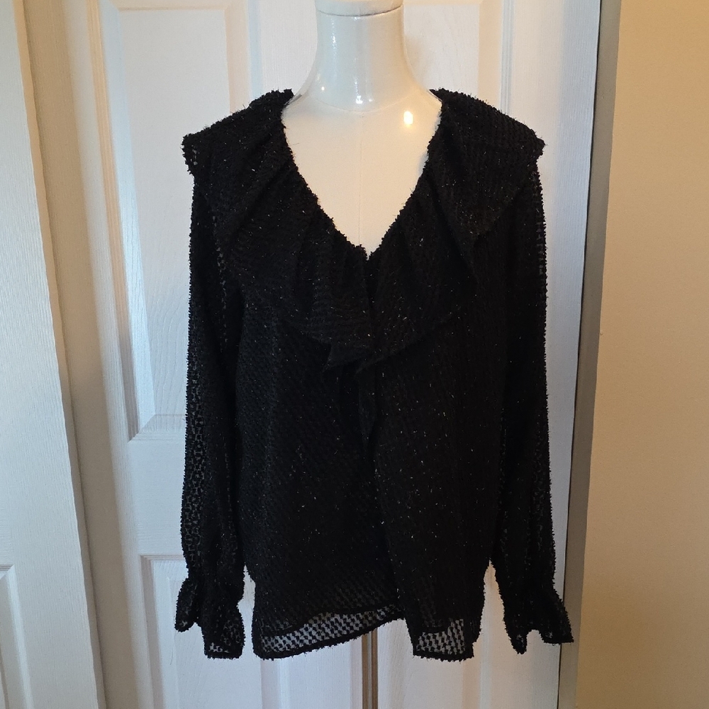 LOFT Black Textured Blouse with Ruffle Detail